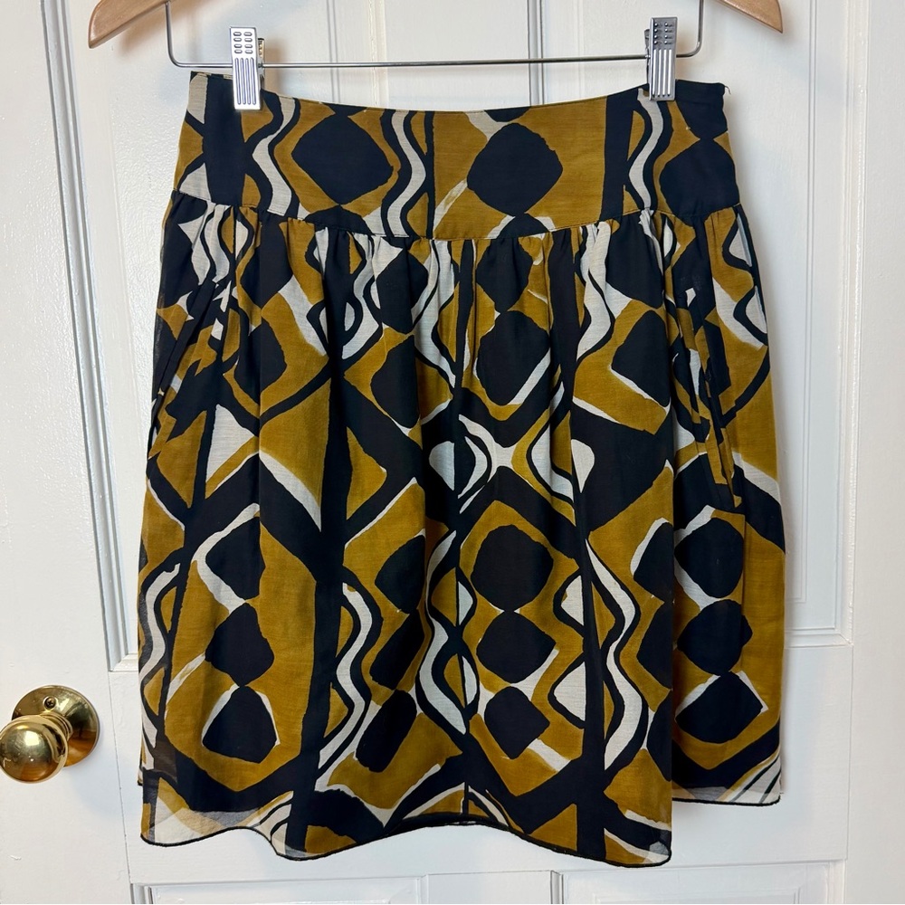 Anna Sui for Anthropologie Cotton & Silk Gold Black & White Print Mini Skirt, 2